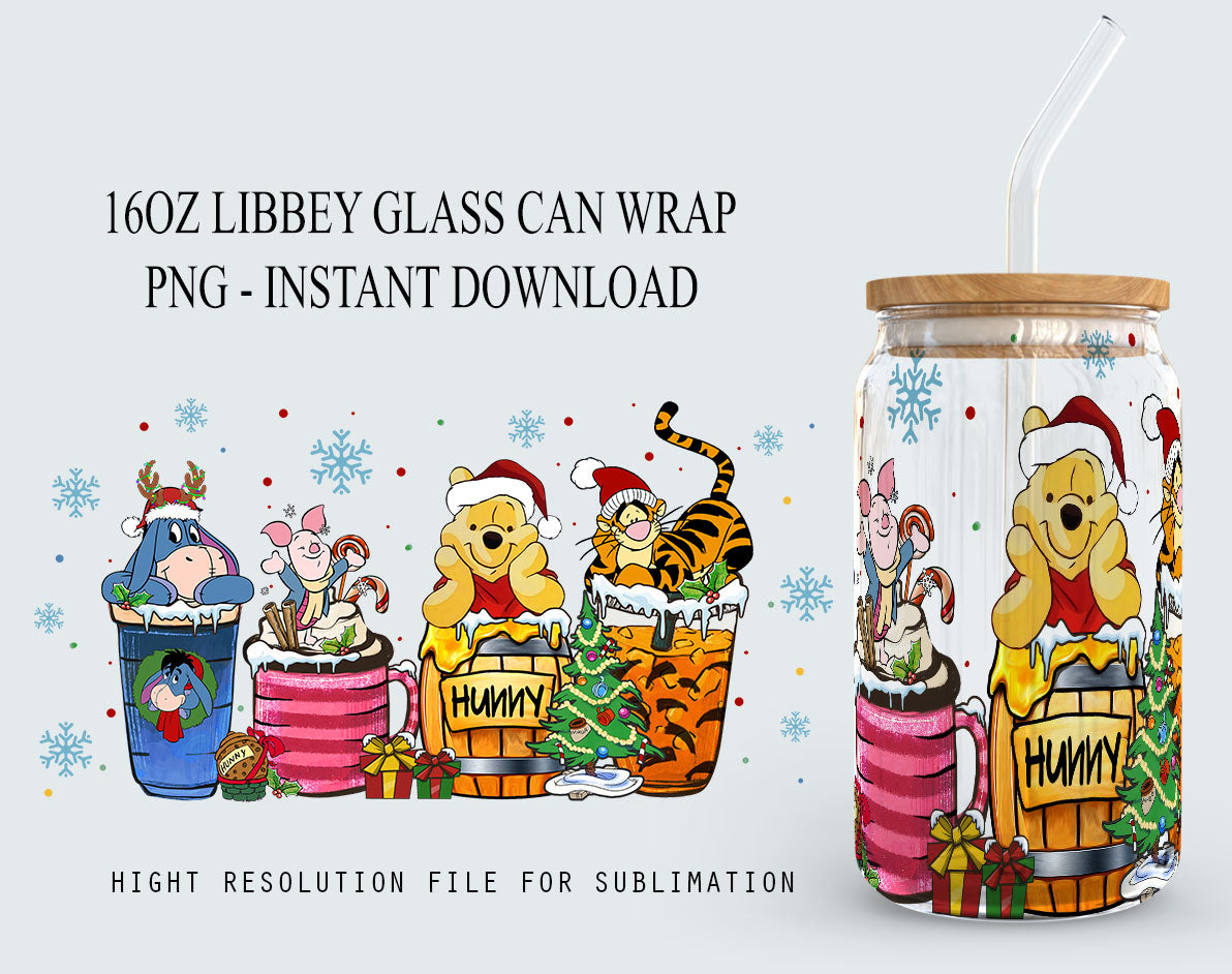 Winnie The Pooh Halloween Designs 16oz Libbey Glasdose Becher, Hallothankmas Pooh Design Glasdose png, 16oz Libbey Wrap PNG, Halloween Png 1