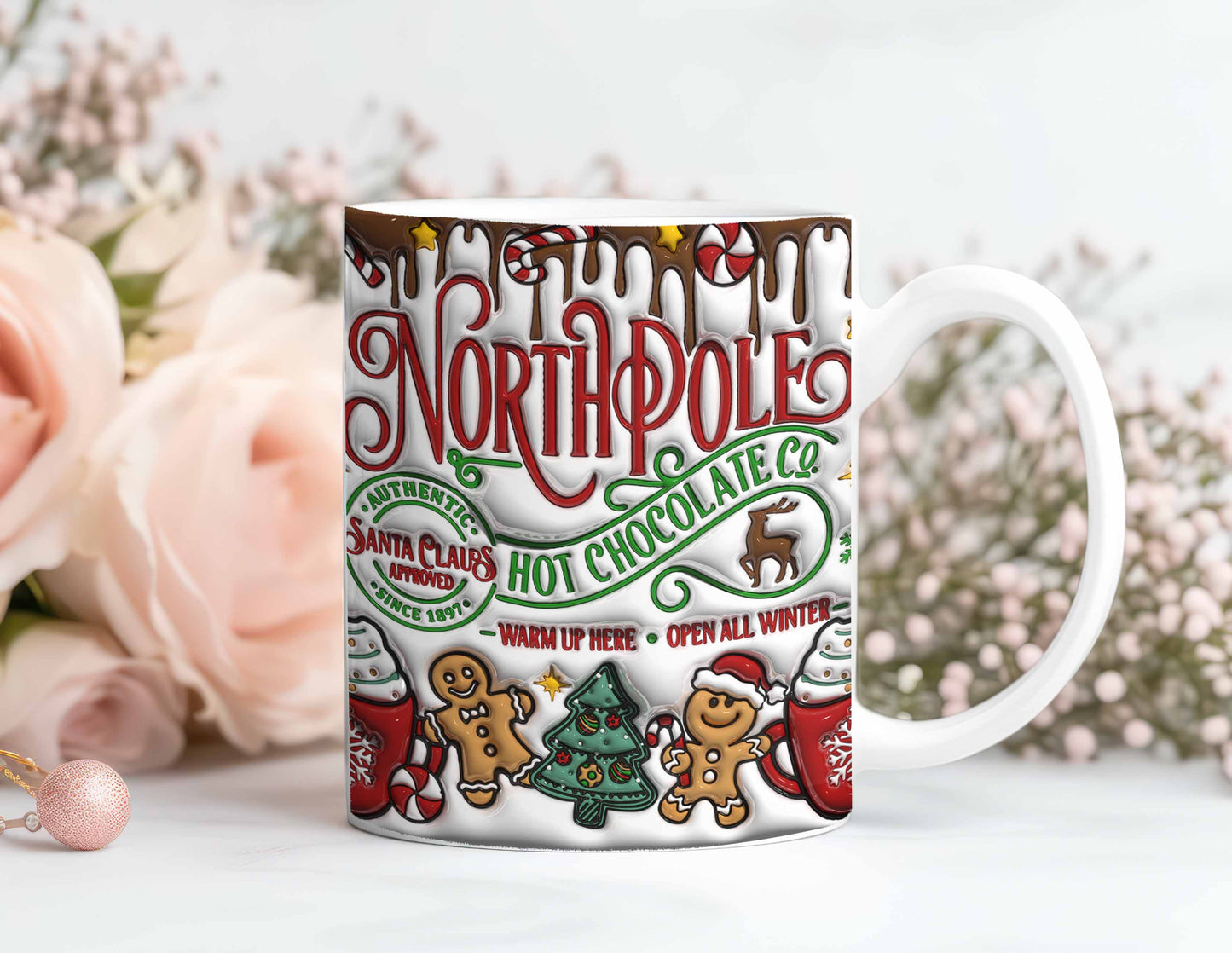 3D Inflated Northpole Hot Chocolate Christmas Mug Wrap, 3D Puffy Gingerbread Mug, Sweet But Twisted Mug, 3D Santa Claus Mug, Hot Cocoa Png - VartDigitals