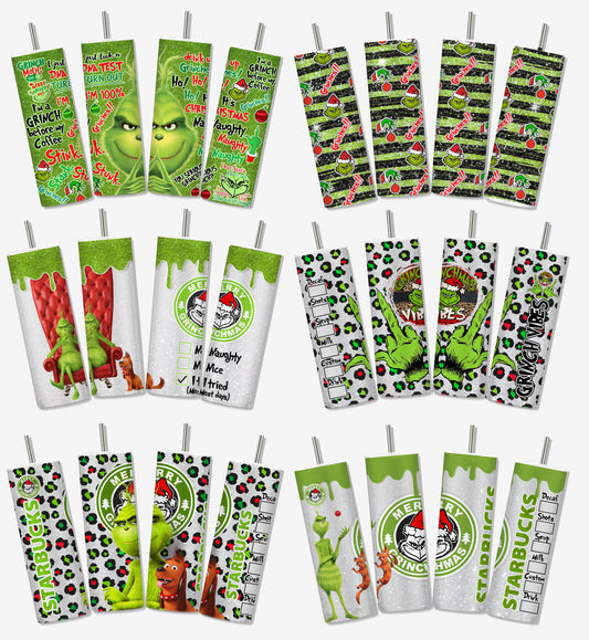 Grinch Weihnachten Tumbler Sublimation Designs 20oz Skinny Tumbler Bundle Wrap, Cartoon Lustiges Weihnachtsdesign Tumbler PNG Bundle Digital