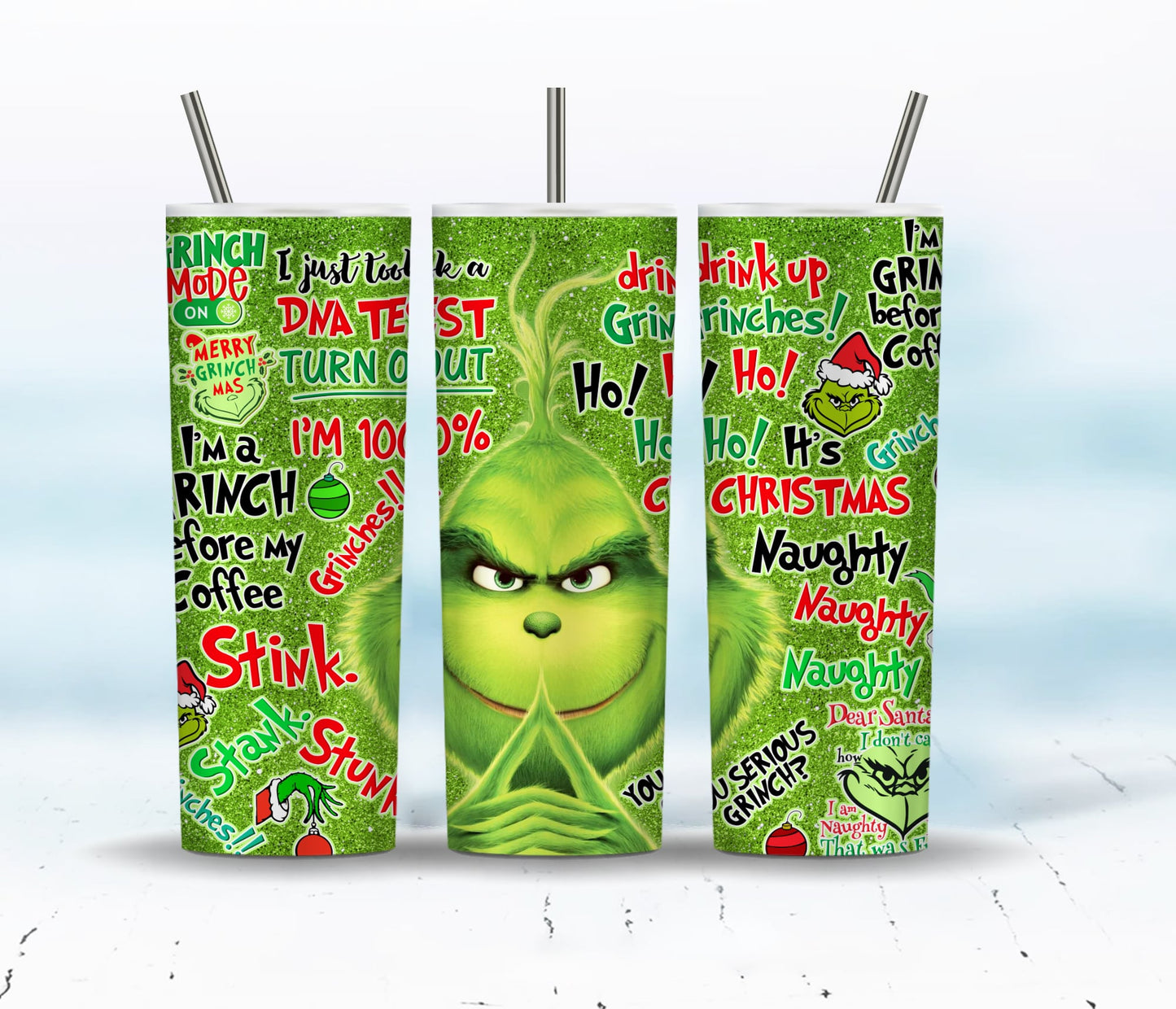 Grinch Weihnachten Tumbler Sublimation Designs 20oz Skinny Tumbler Bundle Wrap, Cartoon Lustiges Weihnachtsdesign Tumbler PNG Bundle Digital