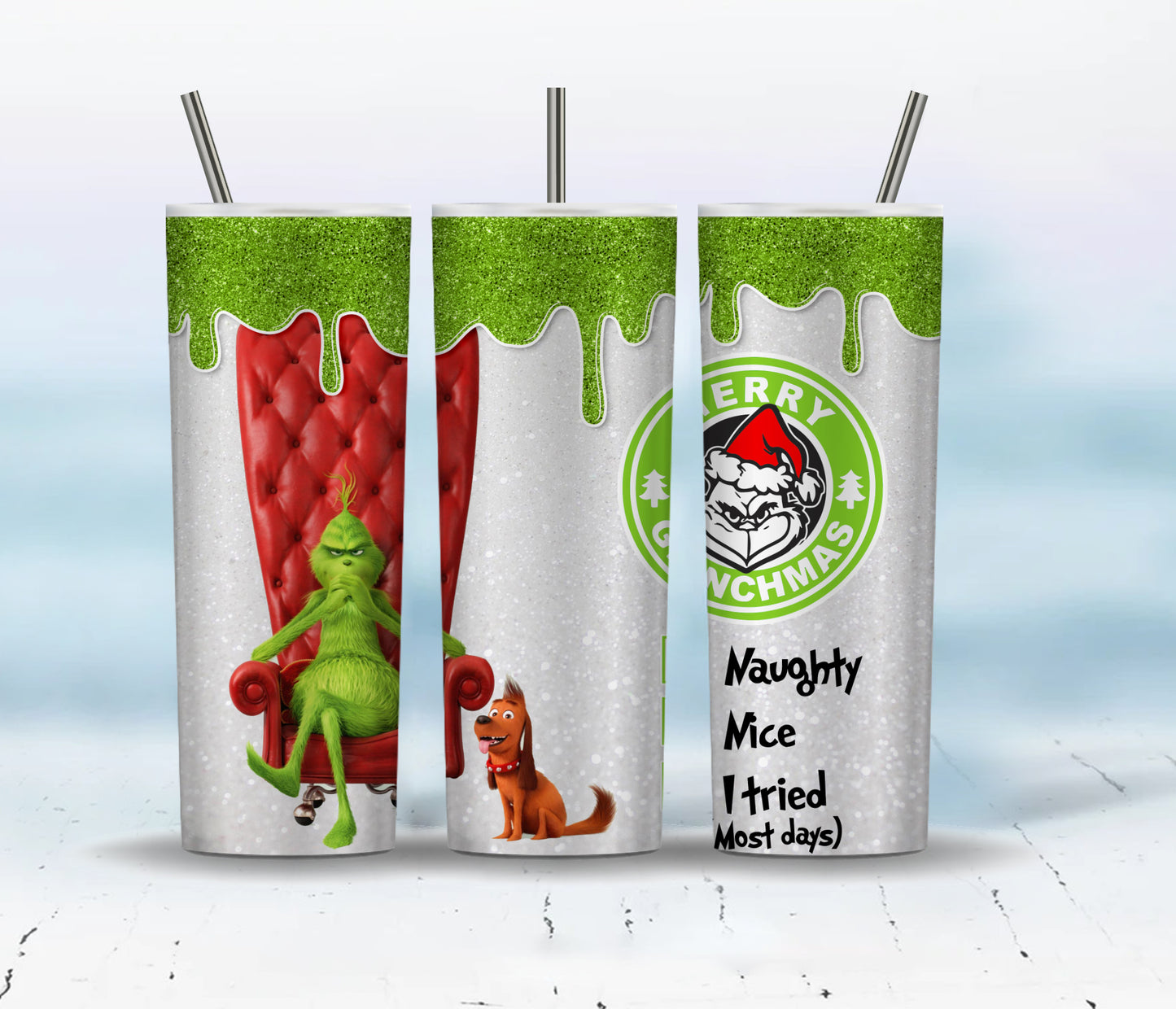 Grinch Weihnachten Tumbler Sublimation Designs 20oz Skinny Tumbler Bundle Wrap, Cartoon Lustiges Weihnachtsdesign Tumbler PNG Bundle Digital