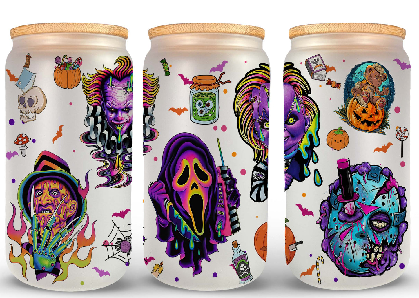 Horror-Png, Horror-Figuren 16oz Libbey-Dose aus Glas, Horror-Figuren voller Glasdose, lustige Horror-Tumbler-Wrap, Horror-Sublimation