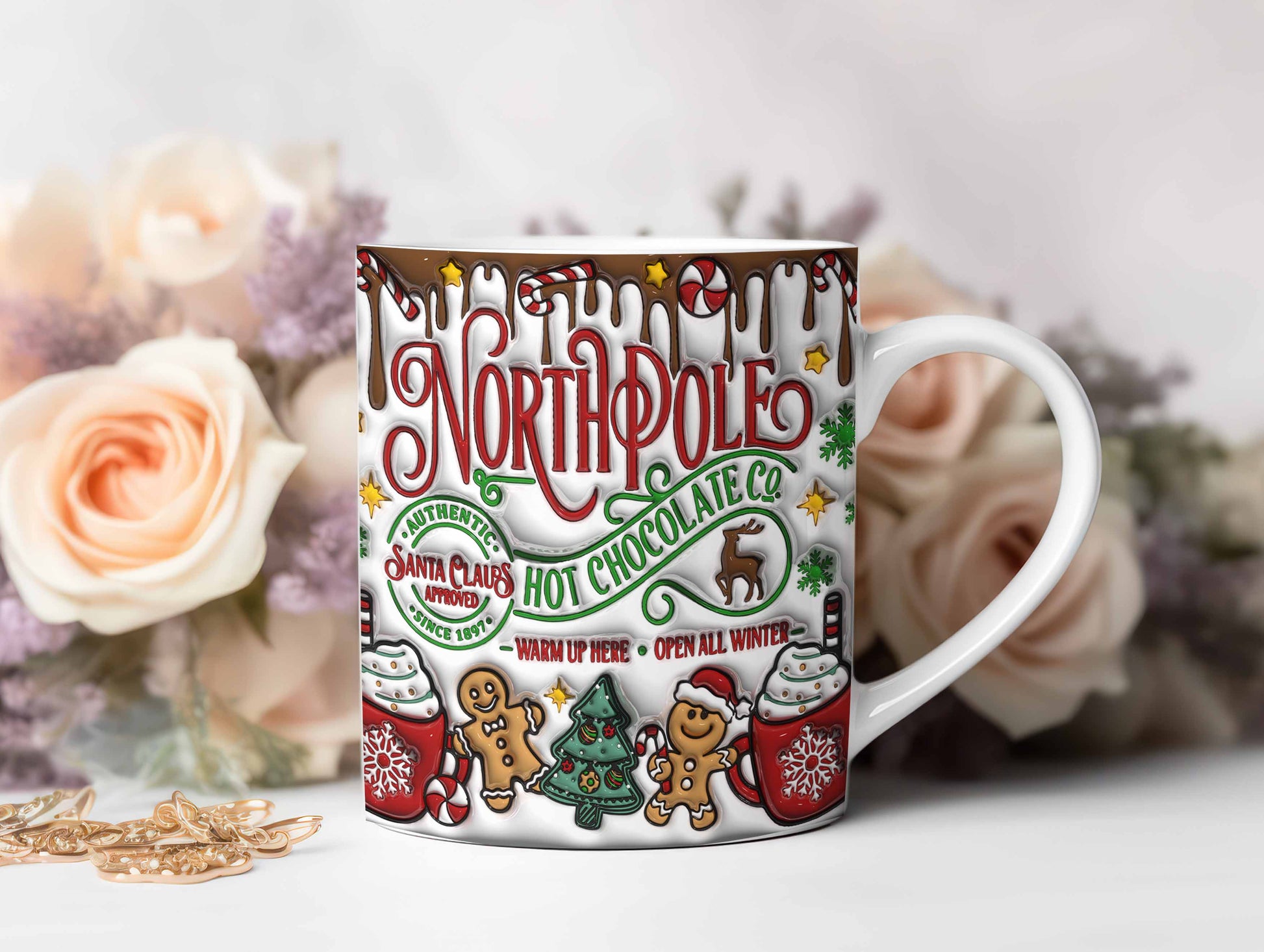 3D Inflated Northpole Hot Chocolate Christmas Mug Wrap, 3D Puffy Gingerbread Mug, Sweet But Twisted Mug, 3D Santa Claus Mug, Hot Cocoa Png - VartDigitals