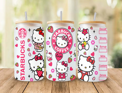 Kawaii Kitty Glasdose, Kitty Kaffee, 16oz Libbey Wrap, Cartoon Frühlingsblumen, Rosa Katzenbecher, Png Sublimation Design 