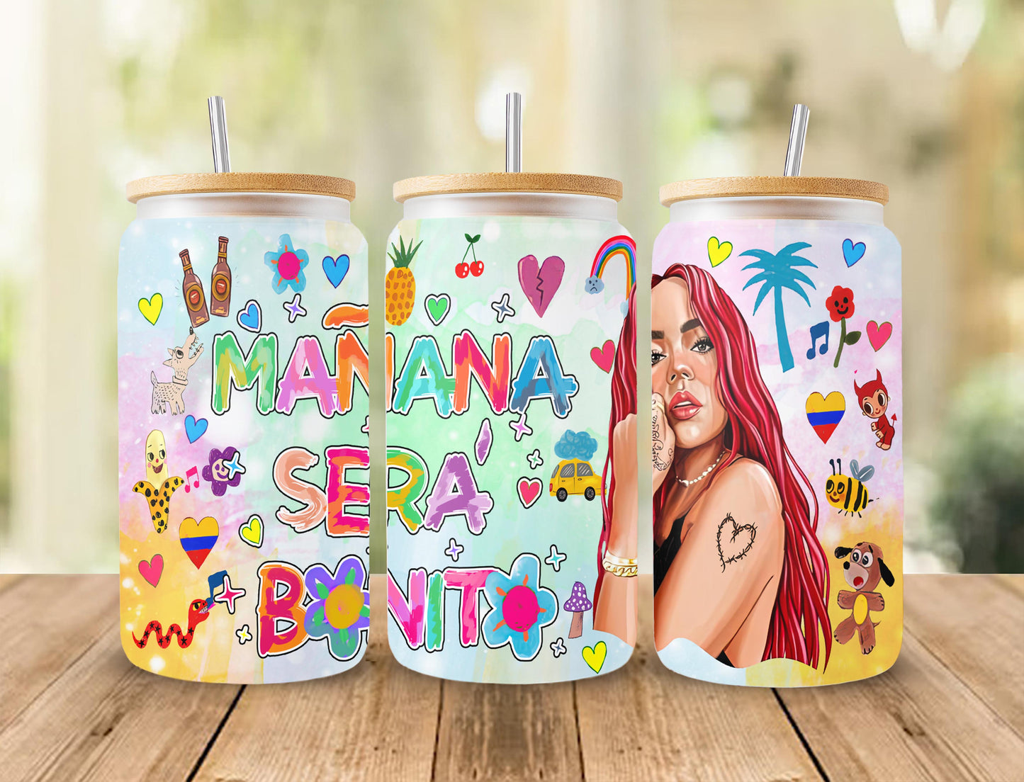 Karol G Mañana sin Ti 16oz Glasdose wickeln, Karol G Manana Sera Bonito Libbey Wrap Glasdose Sublimation digitaler Download Bilddatei