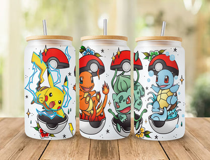 Poke 玻璃罐包装 16oz 玻璃罐 Png，Poke 玻璃杯，Pokemon 卡通 Libbey 玻璃罐，16oz PNG 数字下载，玻璃罐包装 Png