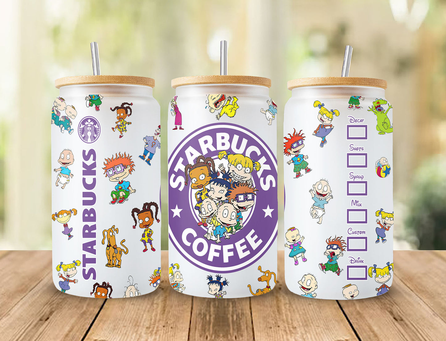 90er Jahre Cartoon 16oz Glasdosenverpackung, 16oz Libbey Dosenglas, 90er Starbucks Tumbler Wrap, Vollglasdosenverpackung, Cartoon Glastasse