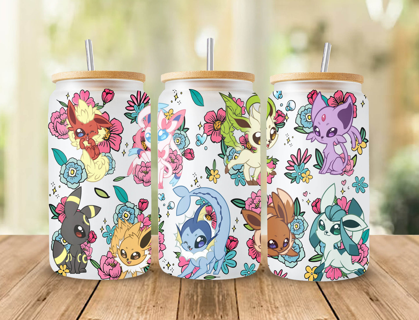 Spring Eevee Tumbler Wrap, Pokemon Can Glass,16oz Can Glass Wrap Cartoon Libbey Can Glass 16oz PNG Digital Download,Spring Flowers Can Glass - VartDigitals