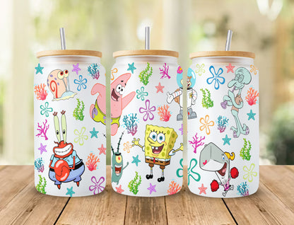 Cartoon Glass Can 16oz, Square Pants PNG, Cartoon Coffee Libbey 16oz, Under the Sea Cartoon Tumbler Wrap - VartDigitals