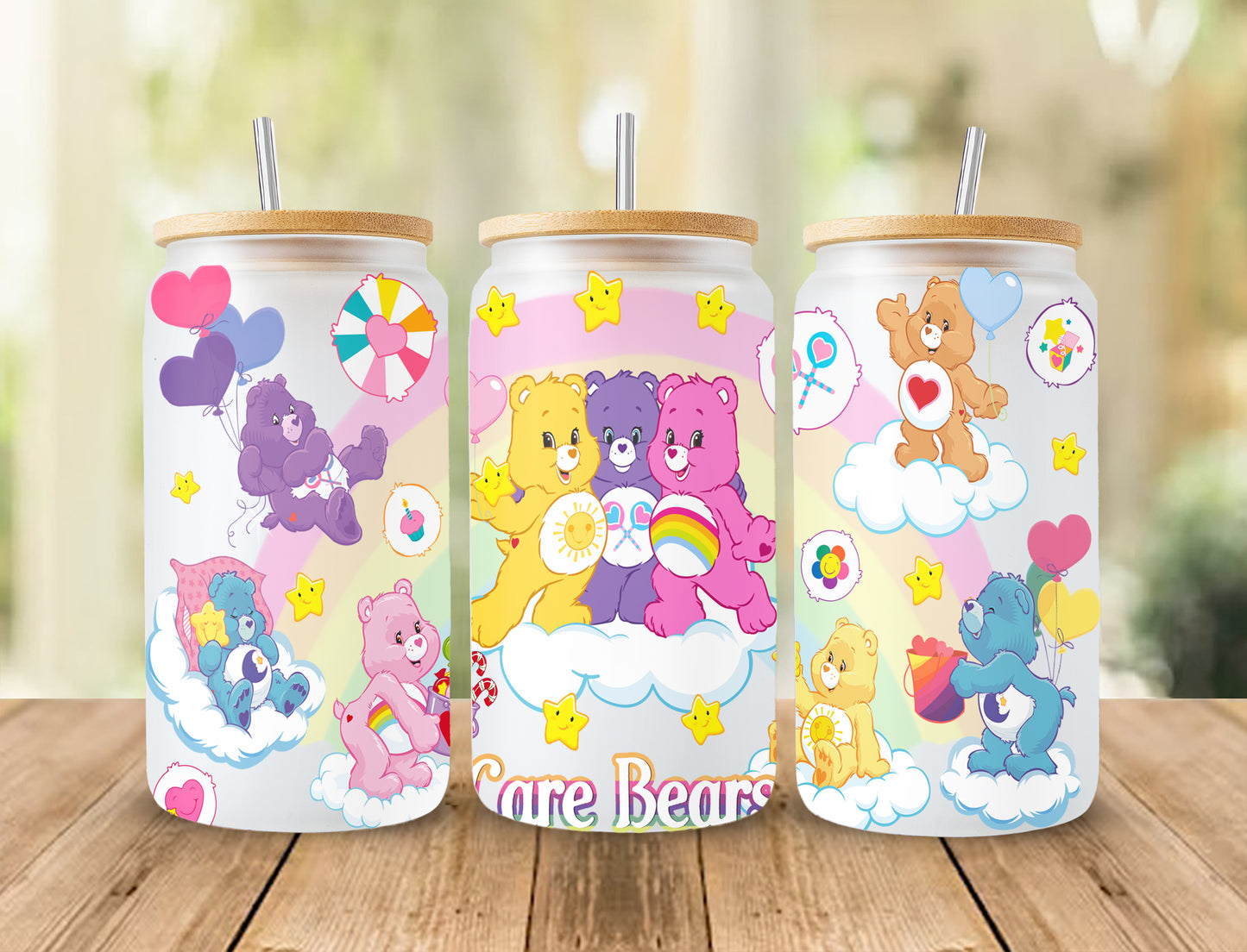 Bären Cartoons 16oz Wrap, 16oz Libbey Glasdose, Frosted Dose Glas, Sublimation Design, Regenbogen Design, Süße Bären Wrap, Süßes Cartoon Design