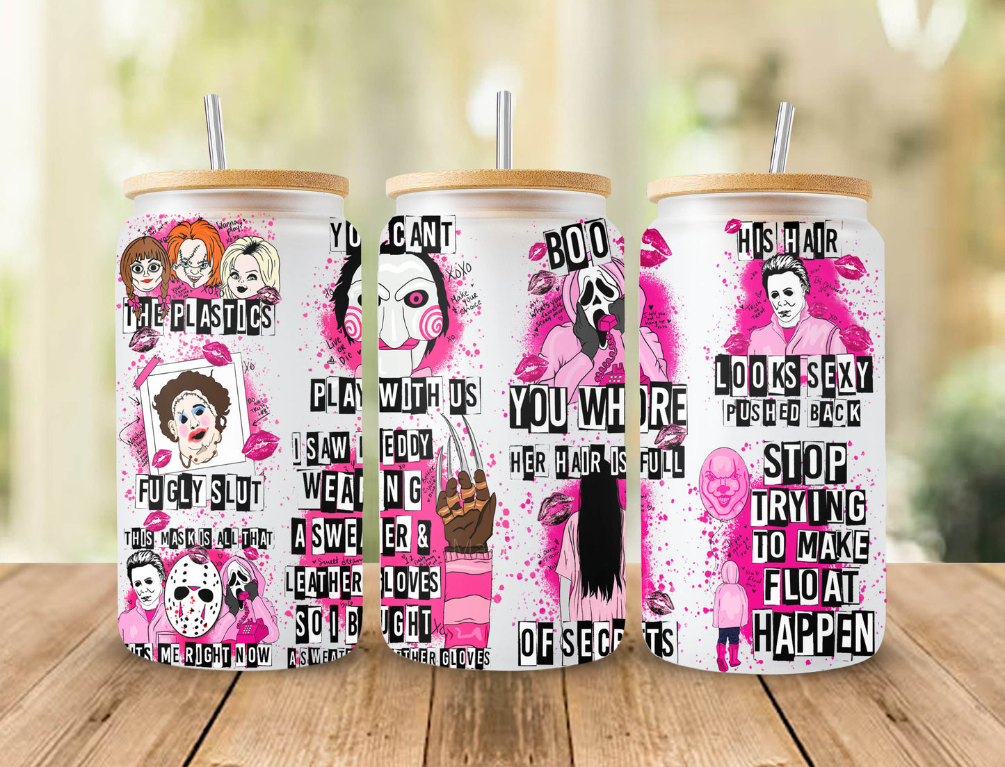 Movies 16oz Glass Can Wrap, Pink Halloween 16oz Glass Can Png