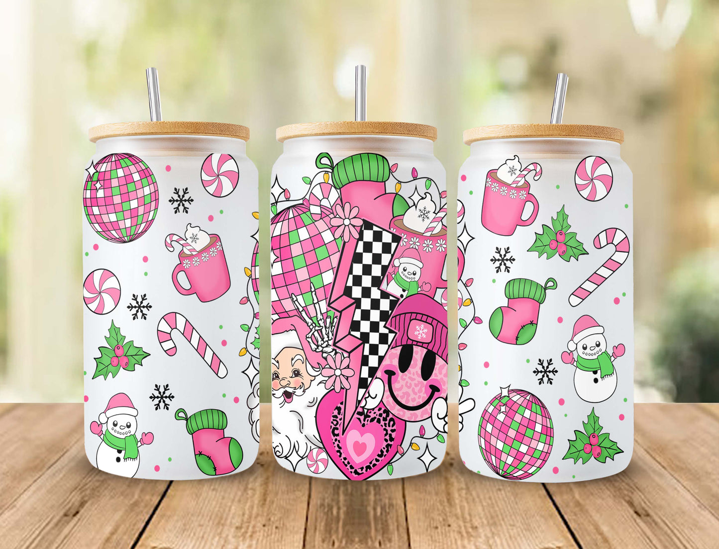 Pink Christmas Coffee 16oz Can Glass Wrap PNG, Christmas Vibes PNG