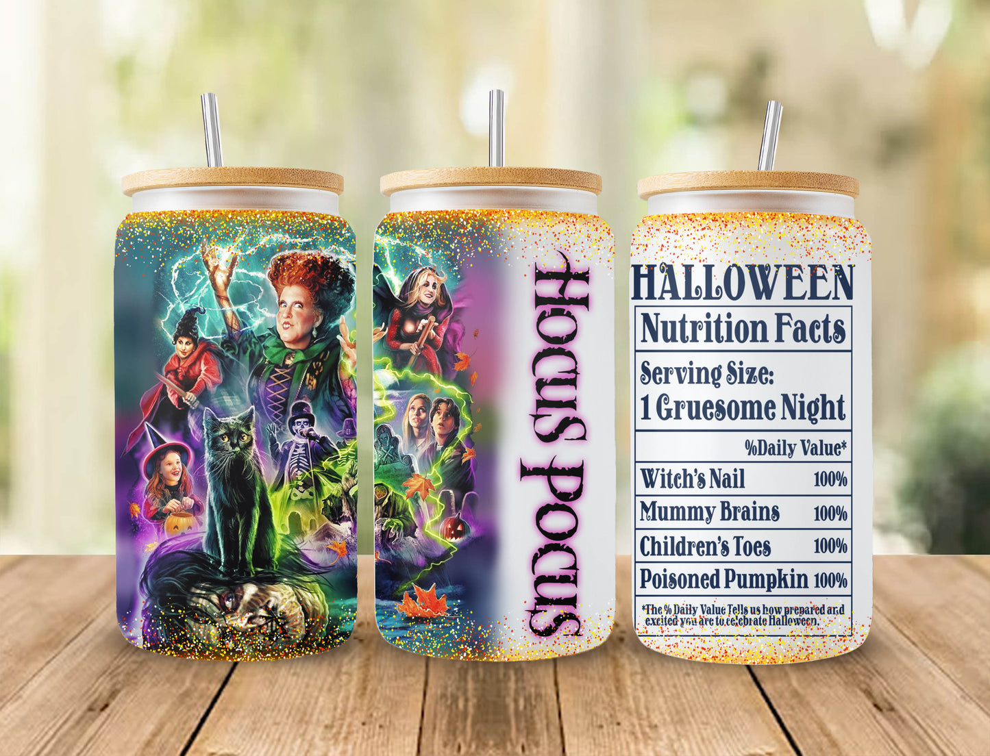 Hocus Pocus Dose Glas, Halloween 16oz Glasdose png Design für Sublimation, Lustige Nährwertangaben Halloween Sublimation digitaler Download