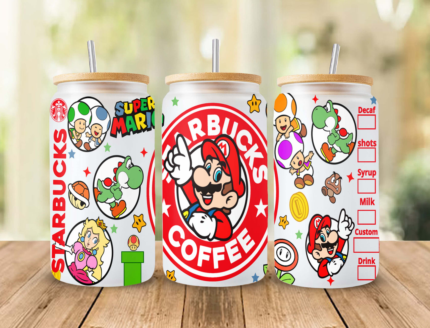 Super Mario Starbucks Kaffee 16oz Skinny Dose Glas PNG, The Super Mario Bros 2024 Film Tumbler Vorlage PNG Sublimation