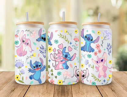 Stitch Spring Day Dosenglas, 16oz Glasdosenverpackung, 16oz Libbey Dosenglas, Blumenbecherverpackung, volle Glasdosenverpackung, Cartoon-Becher, Blumen