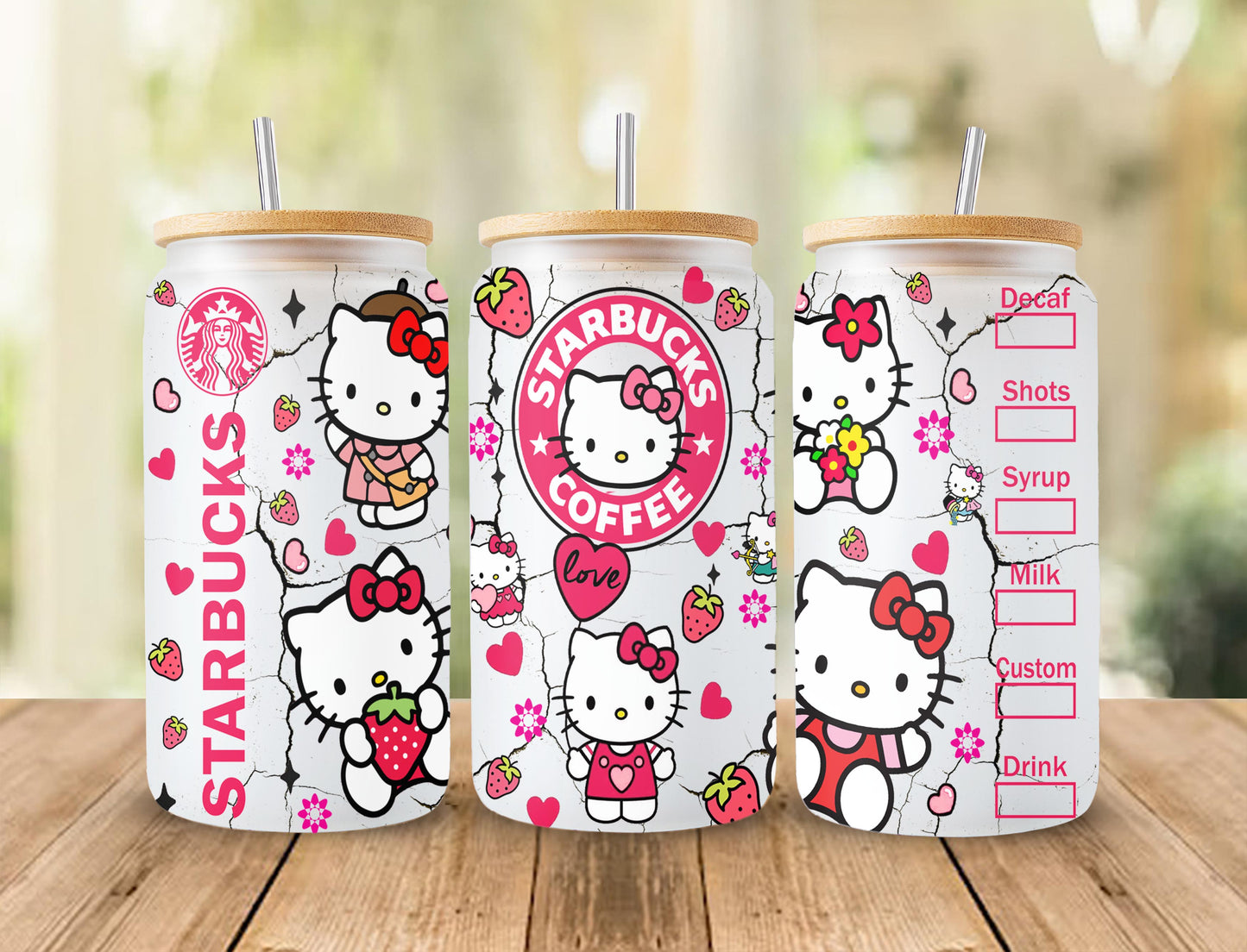 Kawaii Kitty Glasdose, Kitty Kaffee, 16oz Libbey Wrap, Cartoon Frühlingsblumen, Rosa Katzenbecher, Png Sublimation Design 