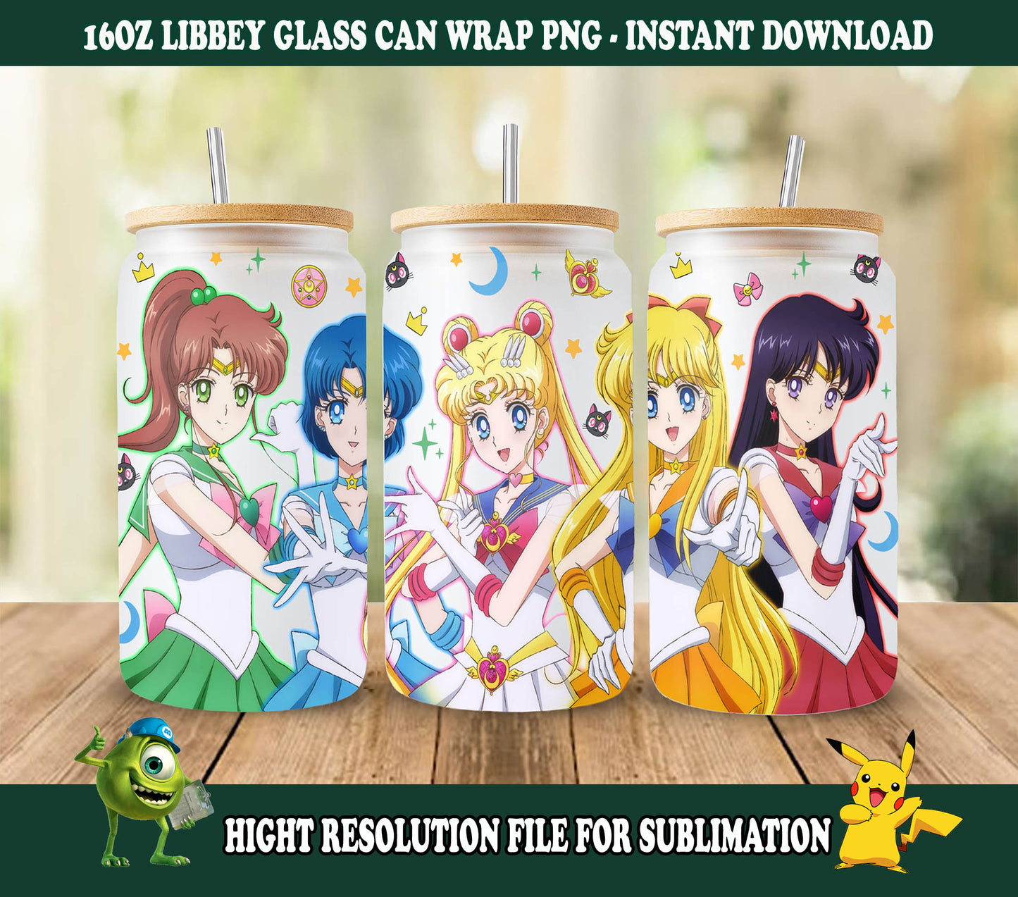 Anime Sailor Girls Tumbler Wrap, Libbey 16ozGlass Dose Design, Anime Tumbler - Sublimation Design Digitaler Download - PNG Aktiv 1