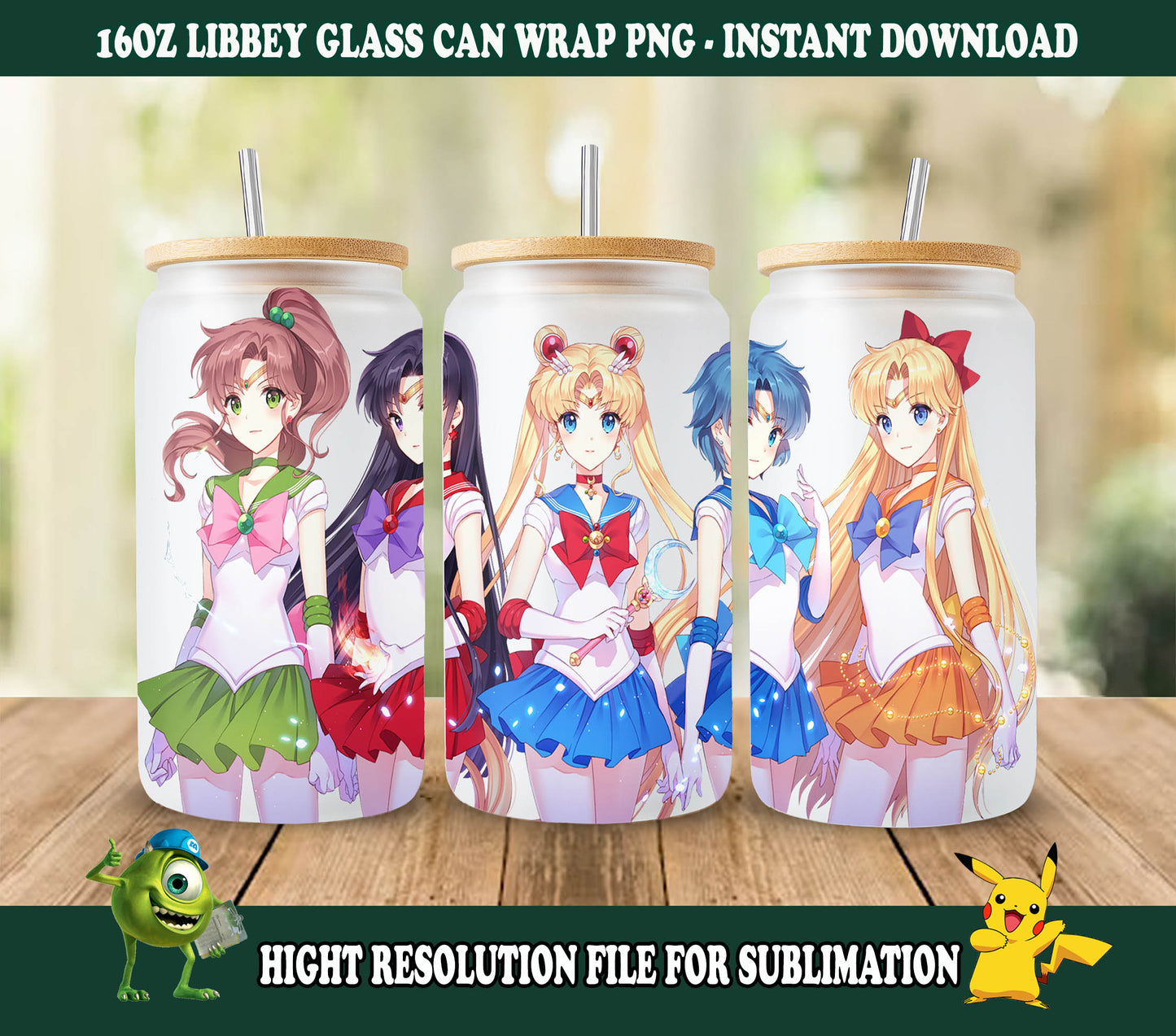 Anime Sailor Girls Tumbler Wrap, Libbey 16ozGlass Dose Design, Anime Tumbler - Sublimation Design Digital Download - PNG Active 2