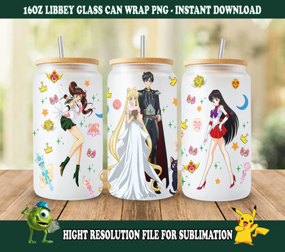 Anime Sailor Girls Tumbler Wrap, Libbey 16ozGlass Dose Design, Anime Tumbler - Sublimation Design Digitaler Download - PNG Active 3