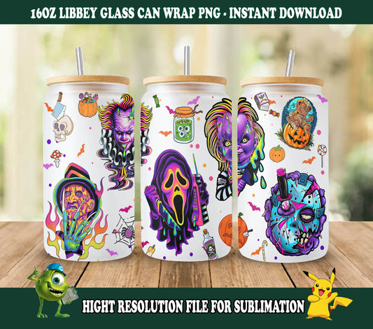 Horror-Png, Horror-Figuren 16oz Libbey-Dose aus Glas, Horror-Figuren voller Glasdose, lustige Horror-Tumbler-Wrap, Horror-Sublimation