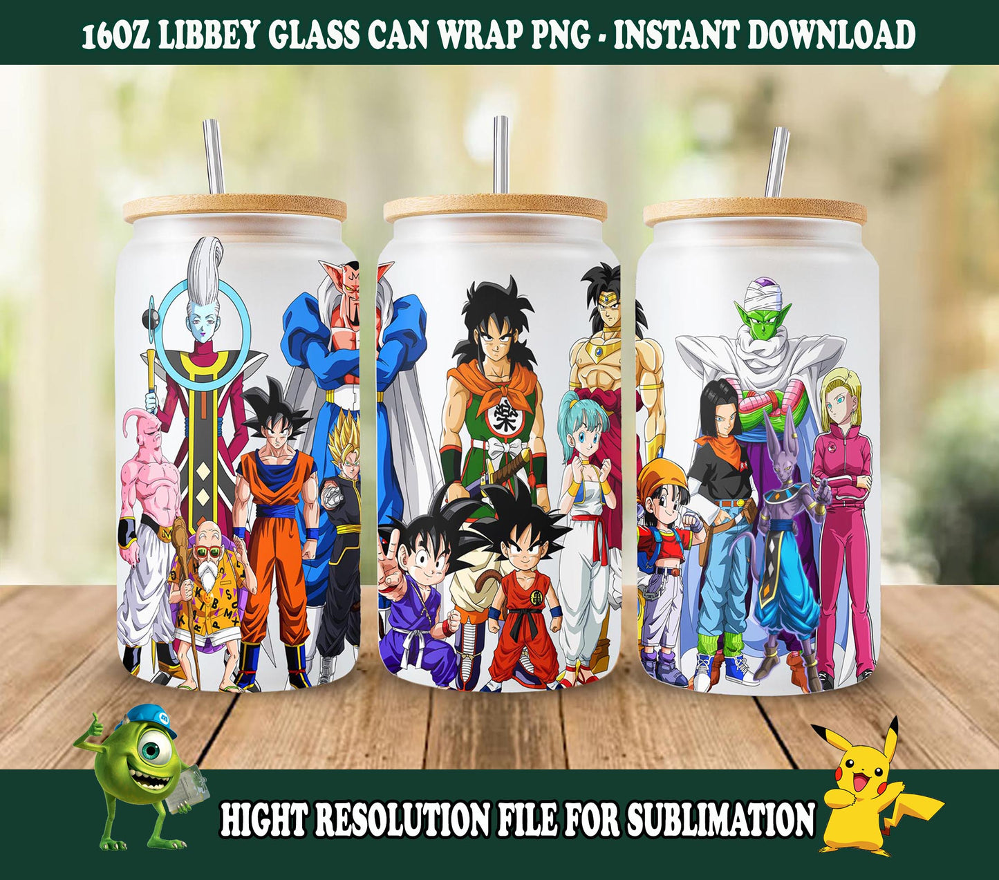 Dragon Ball Design, Songoku und Freunde Glasdose 16oz, Comics Becher Design, Bestseller Digital Fil, uv dtf Tumbler Wrap Sublimation, Png Sublimation