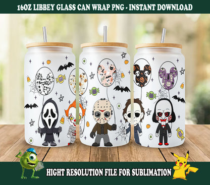 Horror-Png, Horror-Figuren 16oz Libbey-Dose aus Glas, Horror-Figuren voller Glasdose, lustige Horror-Tumbler-Wrap, Horror-Sublimation