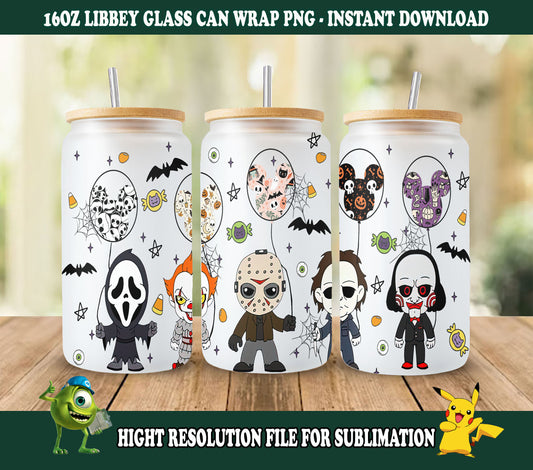 Horror-Png, Horror-Figuren 16oz Libbey-Dose aus Glas, Horror-Figuren voller Glasdose, lustige Horror-Tumbler-Wrap, Horror-Sublimation