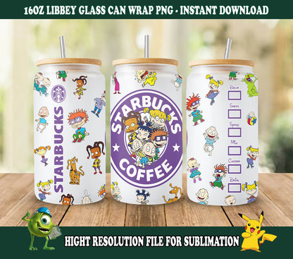 90er Jahre Cartoon 16oz Glasdosenverpackung, 16oz Libbey Dosenglas, 90er Starbucks Tumbler Wrap, Vollglasdosenverpackung, Cartoon Glastasse