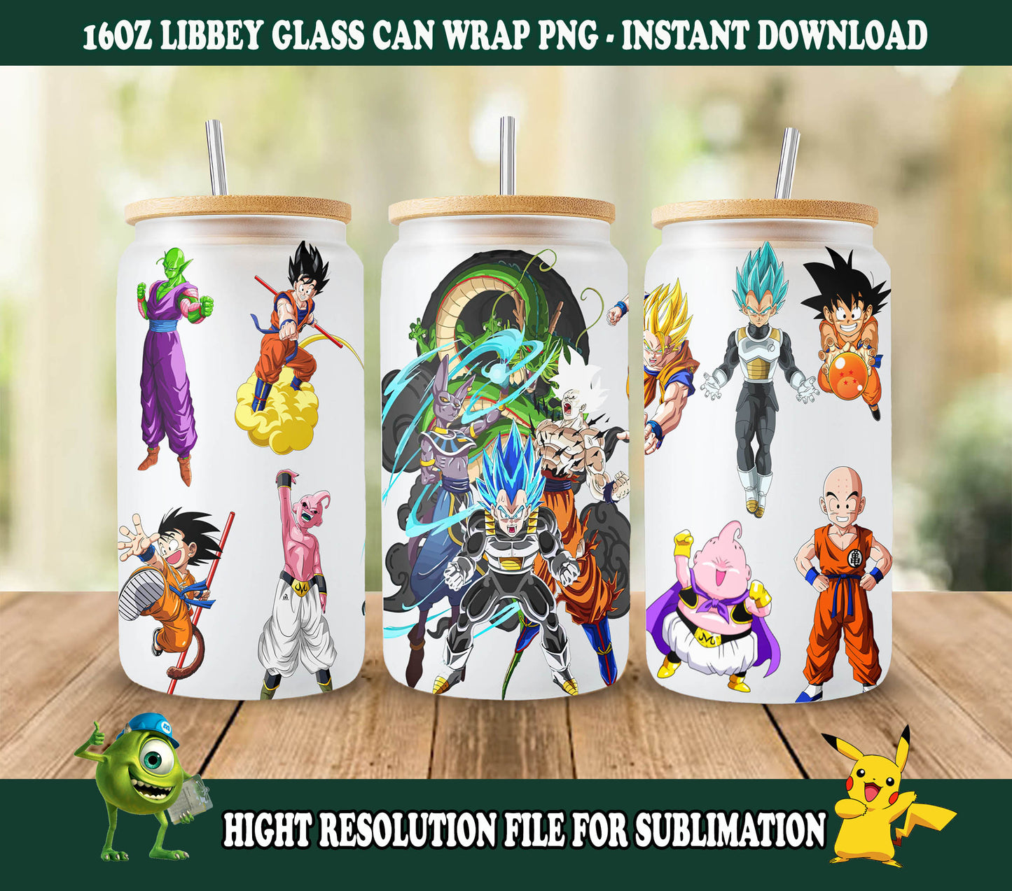 Dragon Ball Design, Songoku und Freunde Glasdose 16oz, Comics Becher Design, Anime Tumbler Wrap Sublimation, Comics Png Sublimation