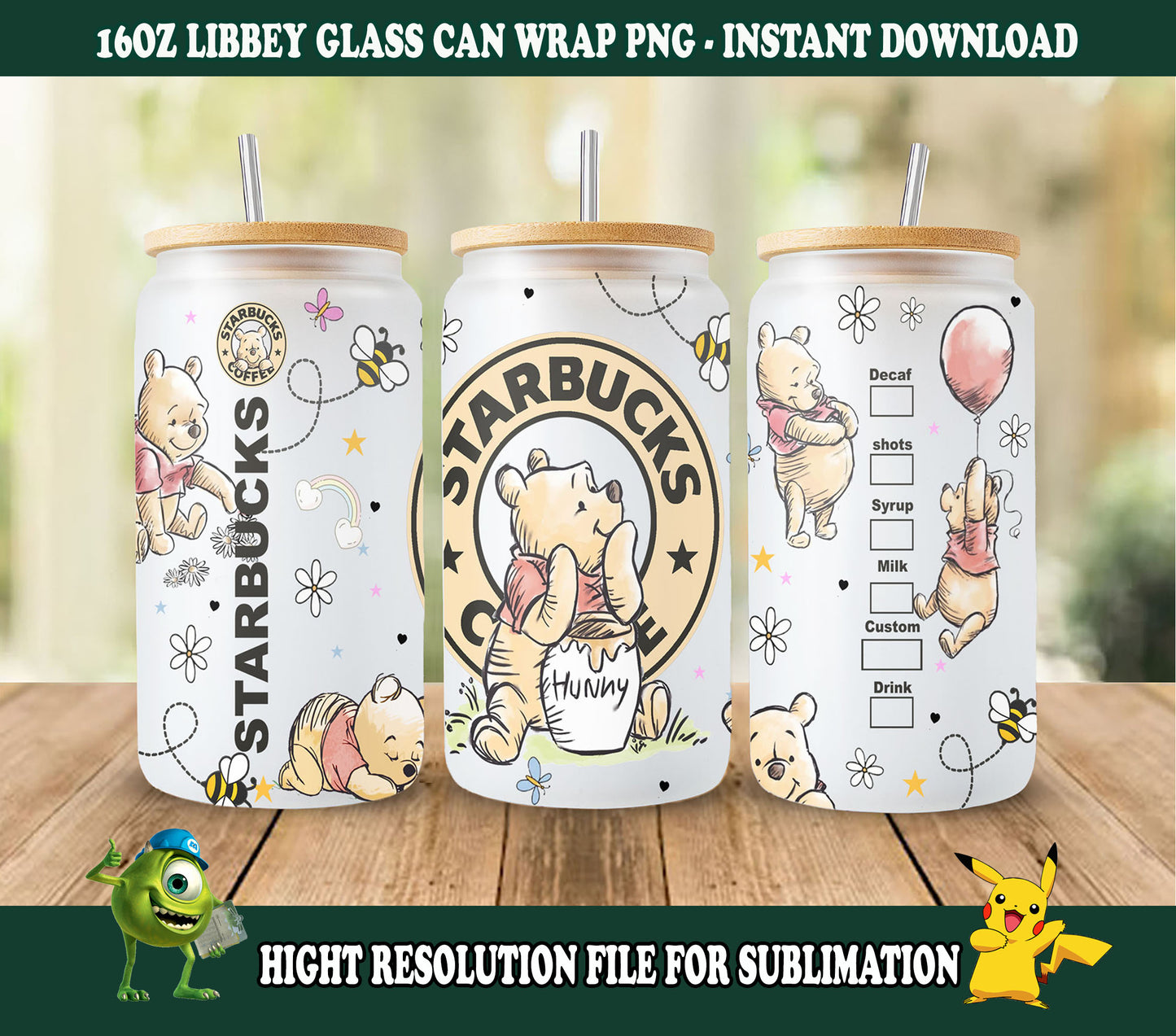 Pooh 16oz Kaffee Wrap, Pooh Tumbler Wrap, Frühlingsbecher, 16oz Libbey Dosenglas, Cartoon Tumbler, Cartoon Tumbler, Full Tumbler Wrap Download