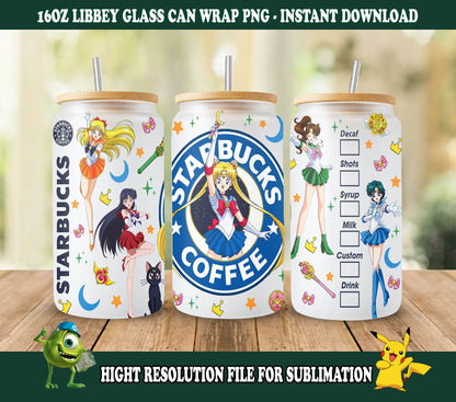 Anime Sailor Girls Tumbler Wrap, Libbey 16ozGlass Dose Design, Anime Tumbler - Sublimation Design Digital Download - PNG Aktiv