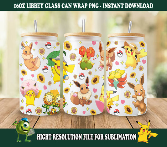 Cartoon Spring Can Glass, Gotta Catch 'em All Can Glass, Poke Glass Can Wrap, Pokemon Libbey Can Glass 16oz, 20oz Skinny Tumbler