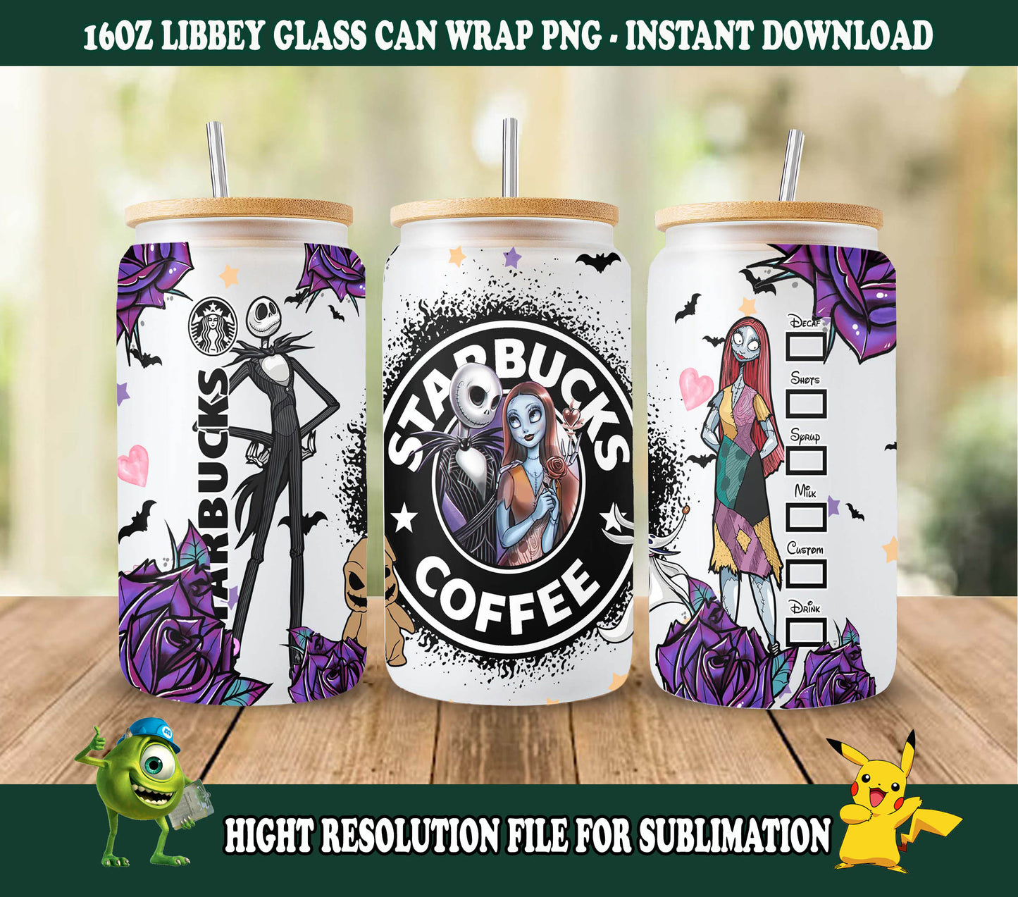 Gruseliger Film Nightmare Tumbler Wrap, 16oz Dosenglas, Jack und Sally Full Tumbler Wrap, Sublimationsdesign, Boo Bash, Jack Skellington Dosenglas 2 