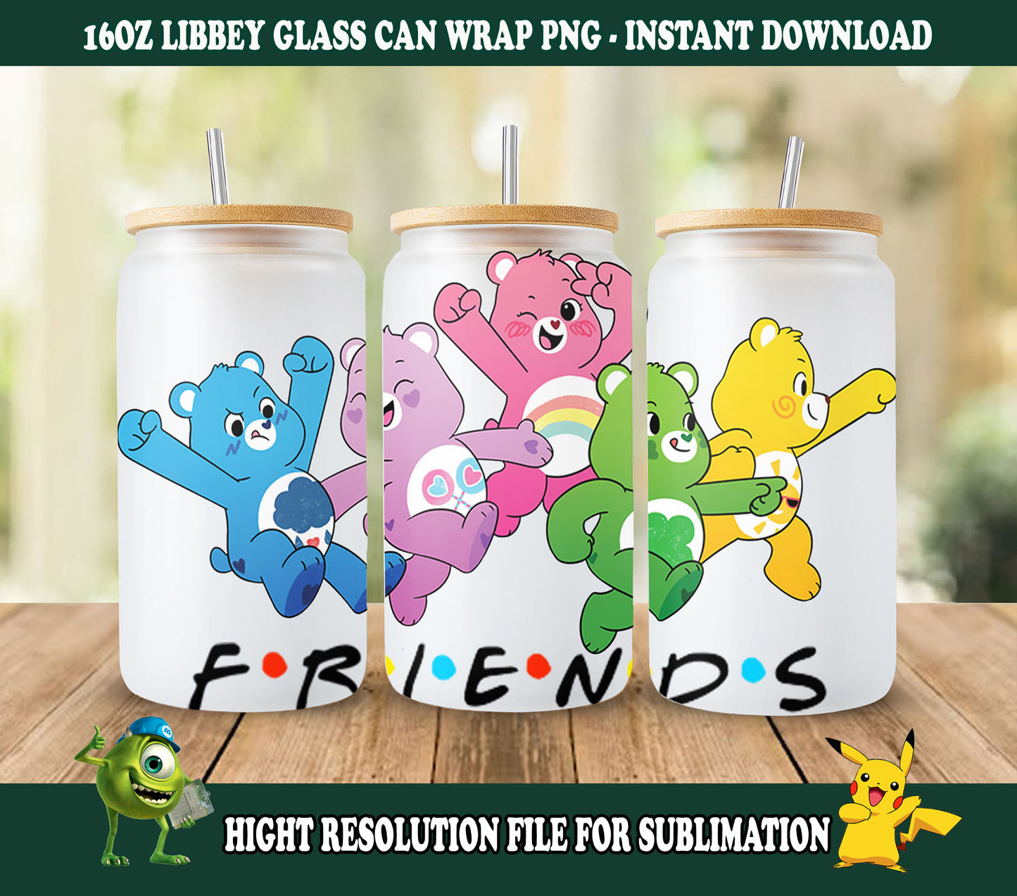 Bären-Cartoons 16oz Wrap, 16oz Libbey Glasdose, Milchglasdose, Sublimationsdesign, Regenbogen-Design, Niedliche Bären Wrap, Niedliches Cartoon-Design 2