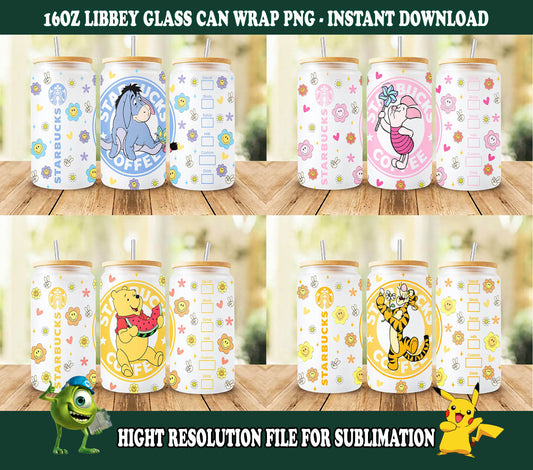 Frühlingsbär 16oz Glasdose Wrap, 16oz Libbey Dose Glas, Blumen Cartoon Tumbler Wrap, Vollglas Dose Wrap, Floral Cartoon Glas Dose Png 