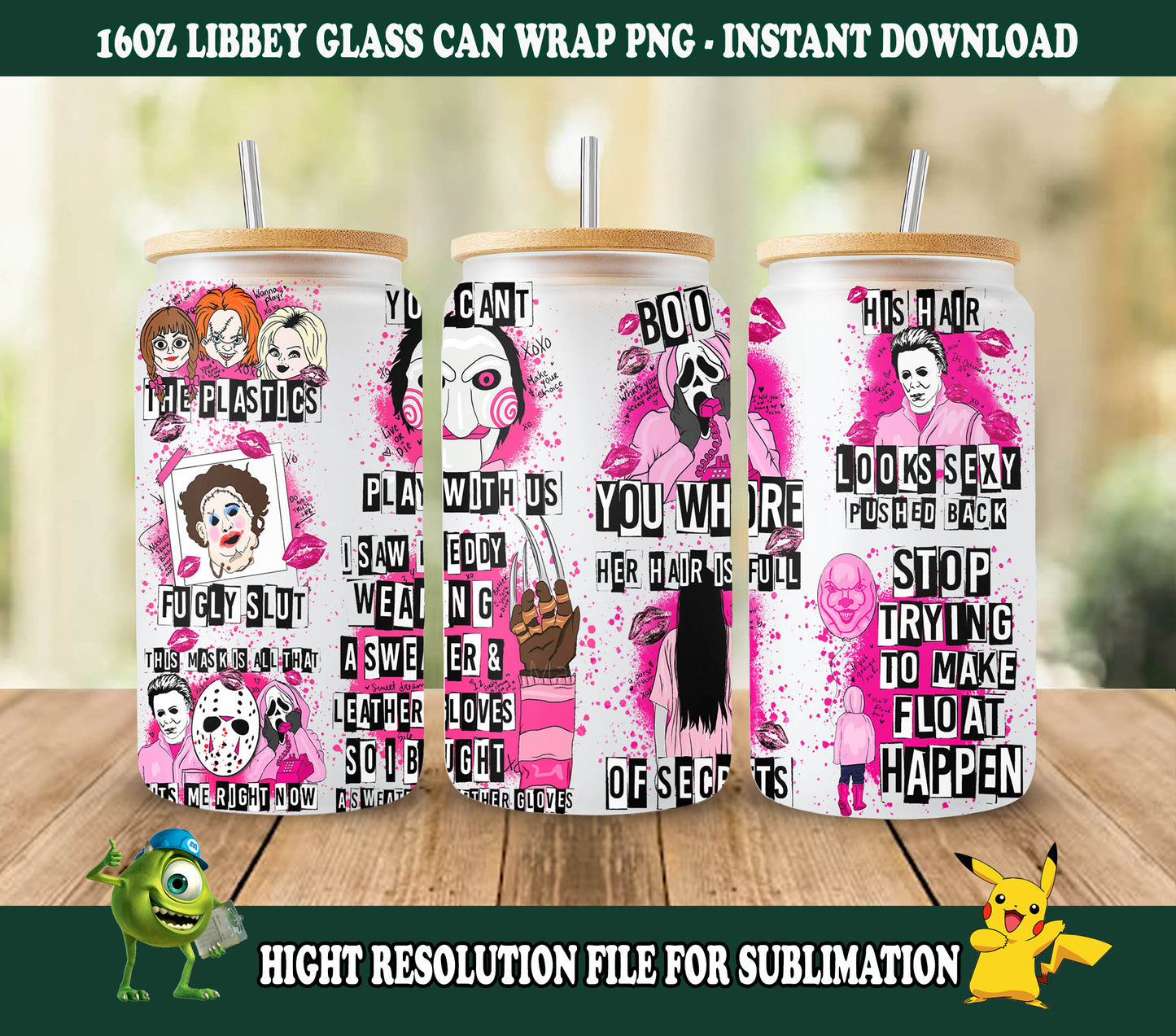 Filme Charaktere 16oz Glasdose Wrap, Pink Halloween 16 oz Glasdose Png, Pink Horror 16 oz Libbey Glasdose Wrap, 16 oz Tumbler Wrap Png