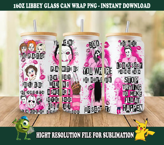 Movies 16oz Glass Can Wrap, Pink Halloween 16oz Glass Can Png