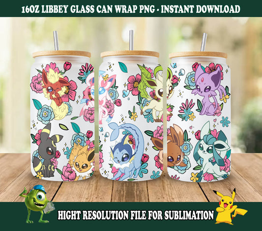 Frühling Eevee Tumbler Wrap, Pokemon Dose Glas, 16oz Dose Glas Wrap Cartoon Libbey Dose Glas 16oz PNG Digital Download, Frühling Blumen Dose Glas