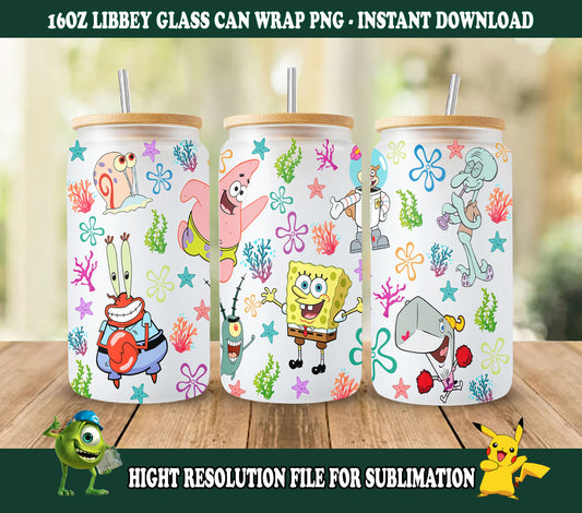 Cartoon-Glasdose 16oz, Square Pants PNG, Cartoon Coffee Libbey 16oz, Under the Sea Cartoon Tumbler Wrap