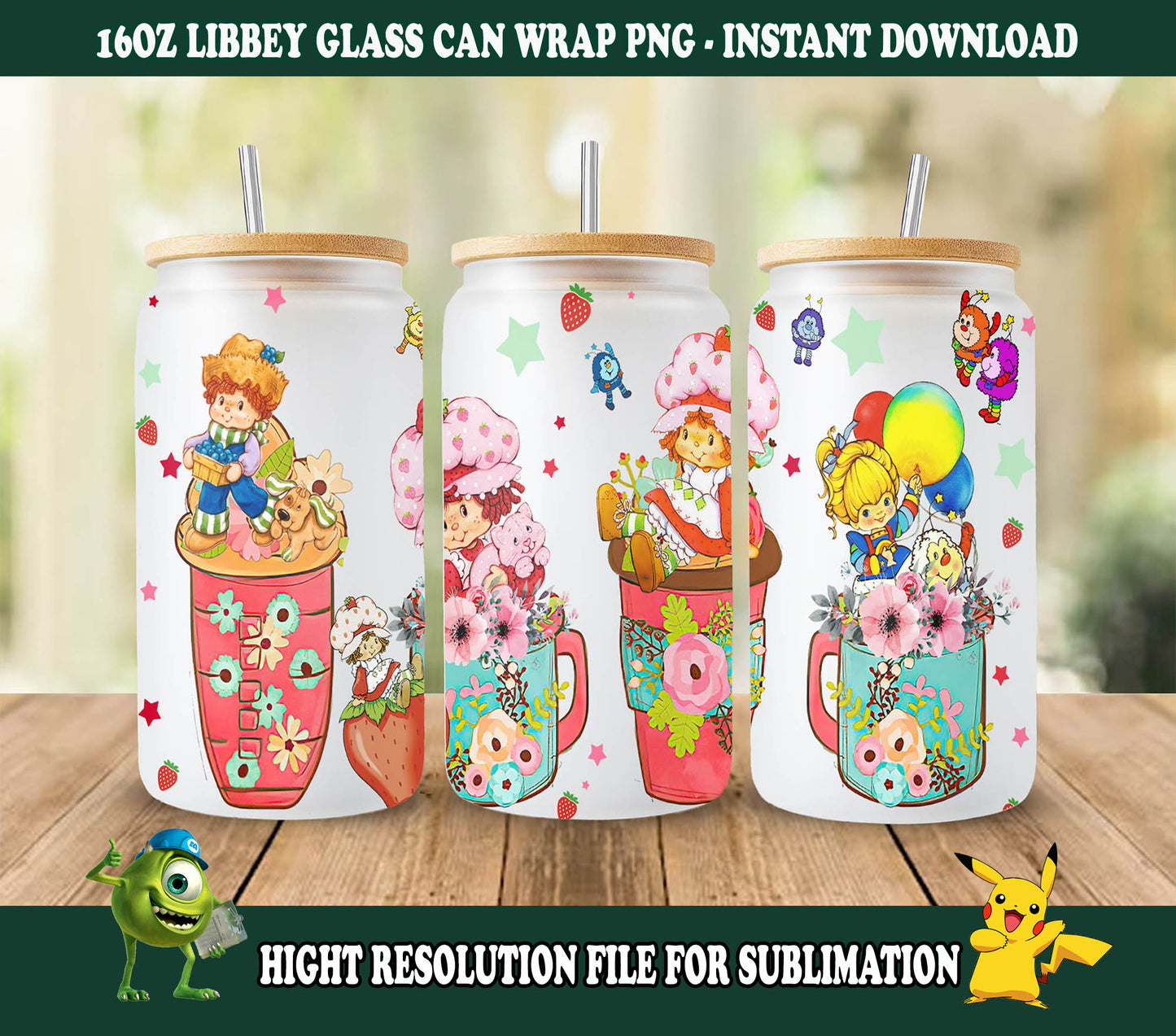 Cartoon 80er-Jahre-Glasdose, 80er-Cartoons-Png, Regenbogen-Mädchen-Blumen-Libbey-Glasdose 16oz, Regenbogen-Brite-Glasdose Png, Retro-80er-Cartoons-Wrap