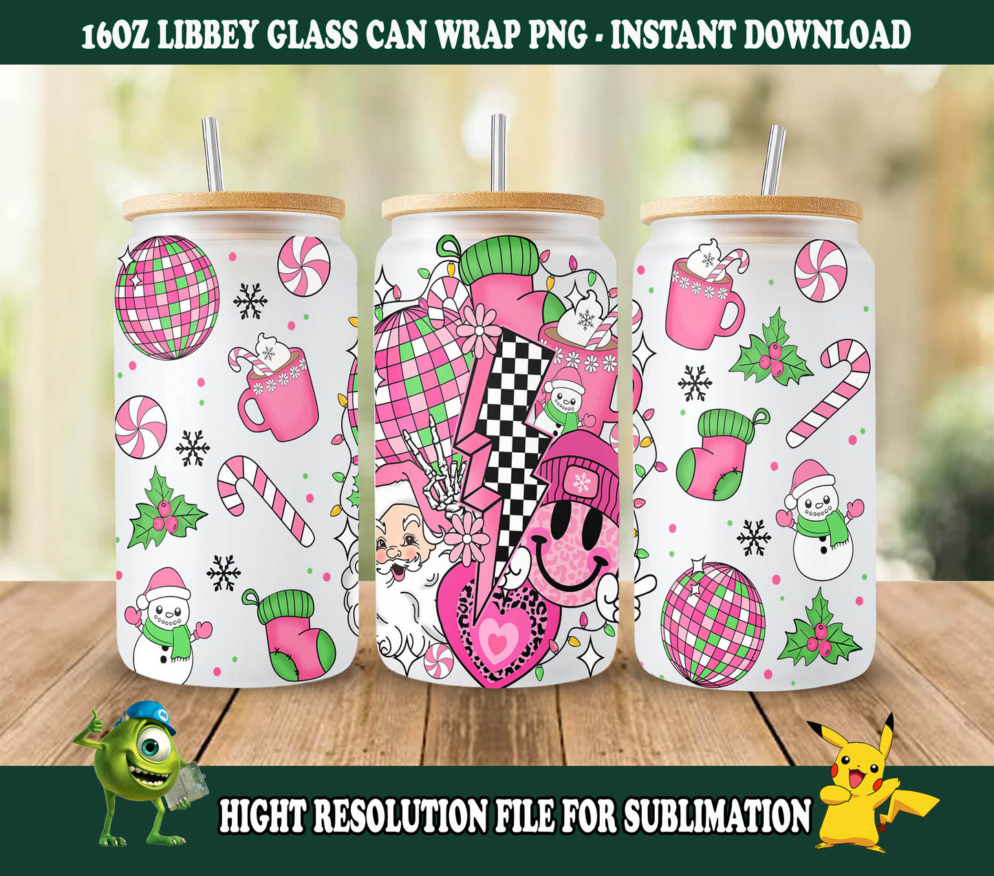 Pink Christmas Coffee 16oz Can Glass Wrap PNG, Christmas Vibes PNG