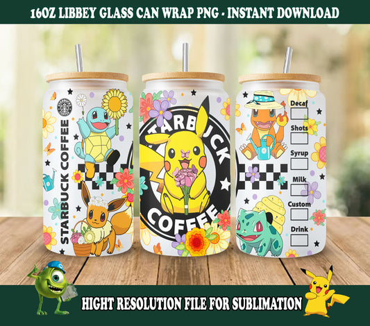 Cartoon Poke Tumbler PNG, 16oz Libbey Glasdose, Dosenglasfolie, Anime Cartoon Sublimation, Digital Game Tumbler, Kinderfilm Tumbler