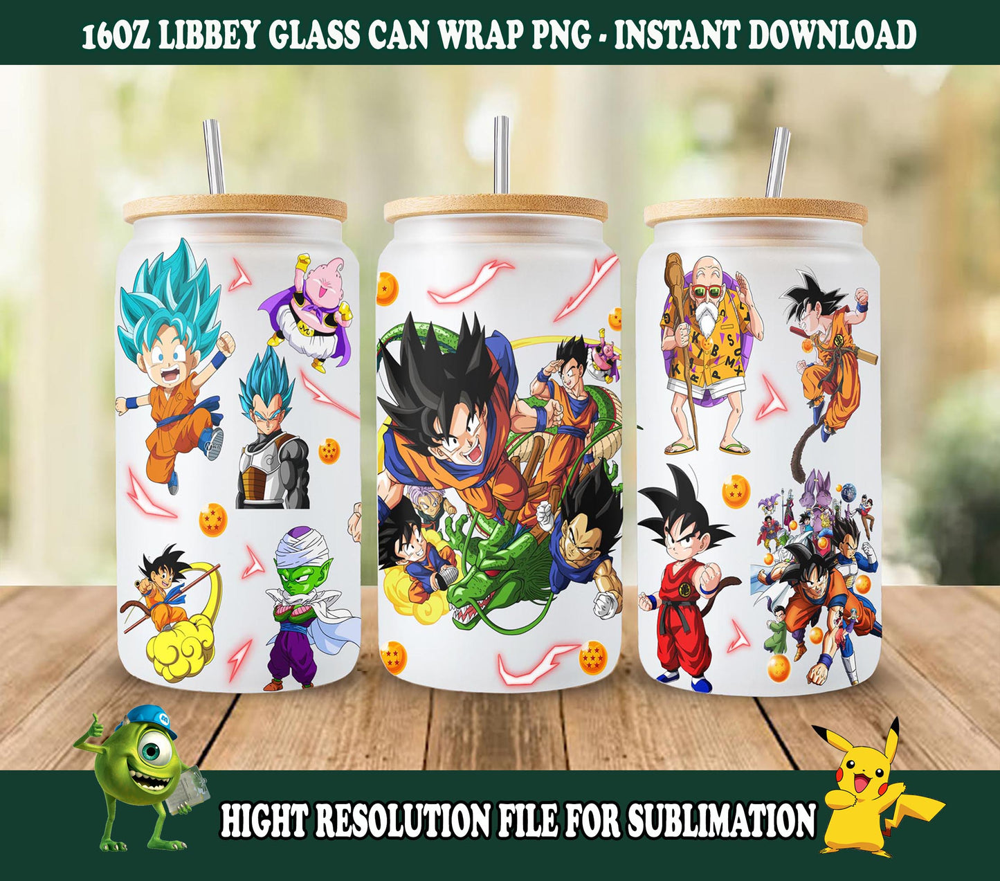 Dragon Ball Design, Songoku und Freunde Glasdose 16oz, Comics Becher Design, Anime Tumbler Wrap Sublimation, Comics Png Sublimation