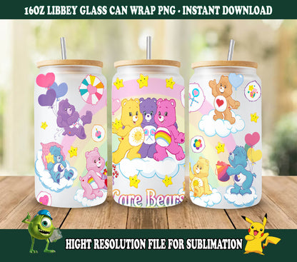 Bären Cartoons 16oz Wrap, 16oz Libbey Glasdose, Frosted Dose Glas, Sublimation Design, Regenbogen Design, Süße Bären Wrap, Süßes Cartoon Design