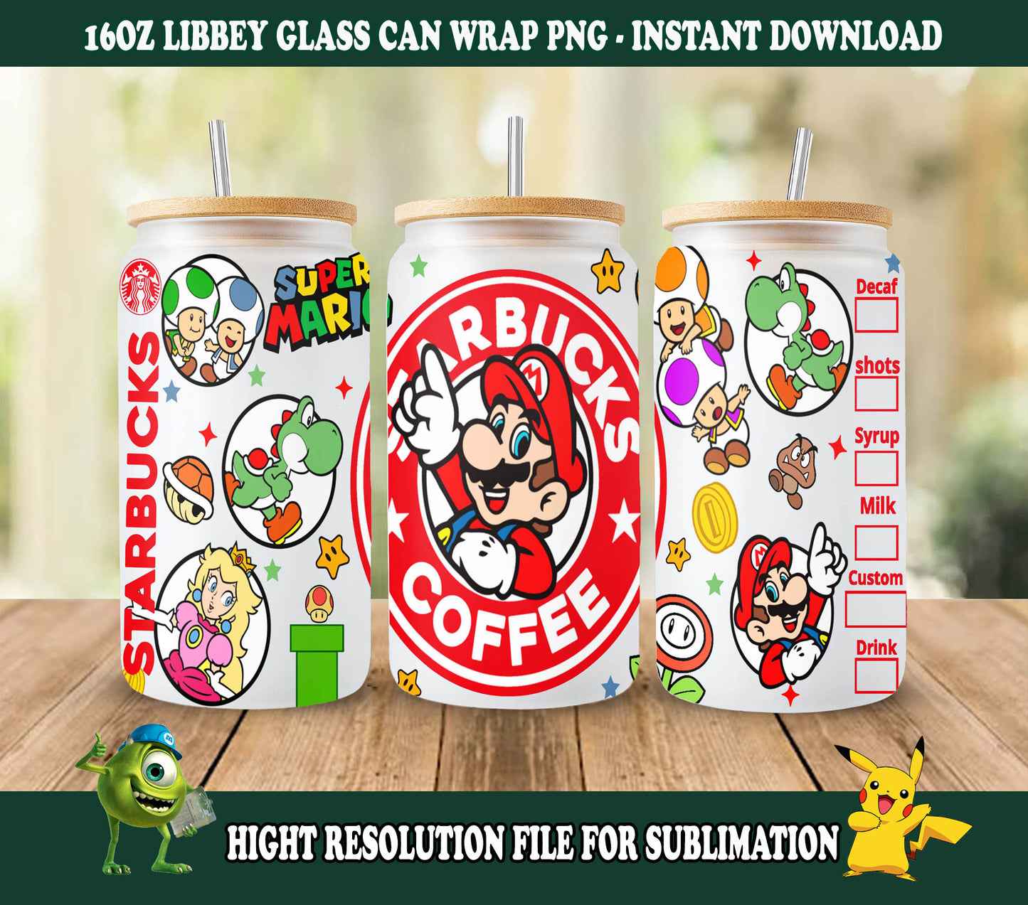 Super Mario Starbucks Kaffee 16oz Skinny Dose Glas PNG, The Super Mario Bros 2024 Film Tumbler Vorlage PNG Sublimation