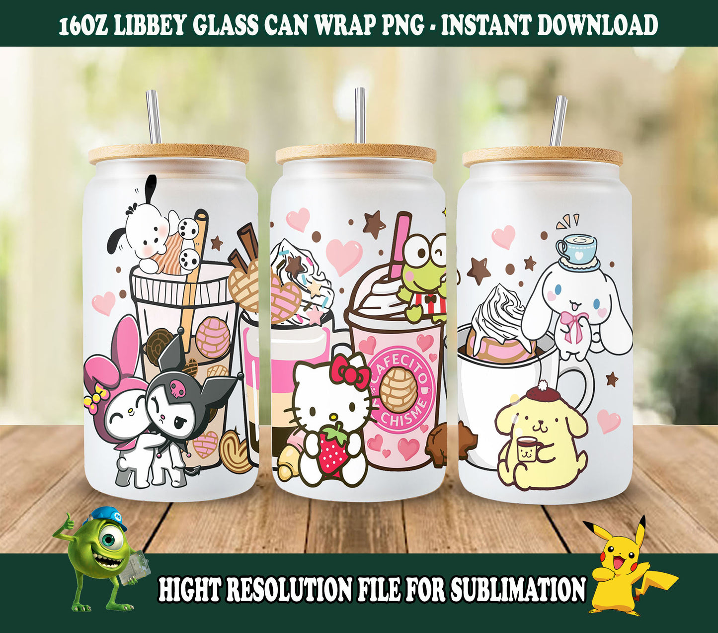 Kawaii Pink Cafecito Y Chisme Becher Wrap, Cartoon Becher Wrap, 16oz Dose Glas Wrap, Freunde Kaffee Wrap, Hello Cat Png 