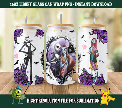 Gruseliger Film Nightmare Tumbler Wrap, 16oz Dosenglas, Jack und Sally Full Tumbler Wrap, Sublimationsdesign, Boo Bash, Jack Skellington Dosenglas 1 