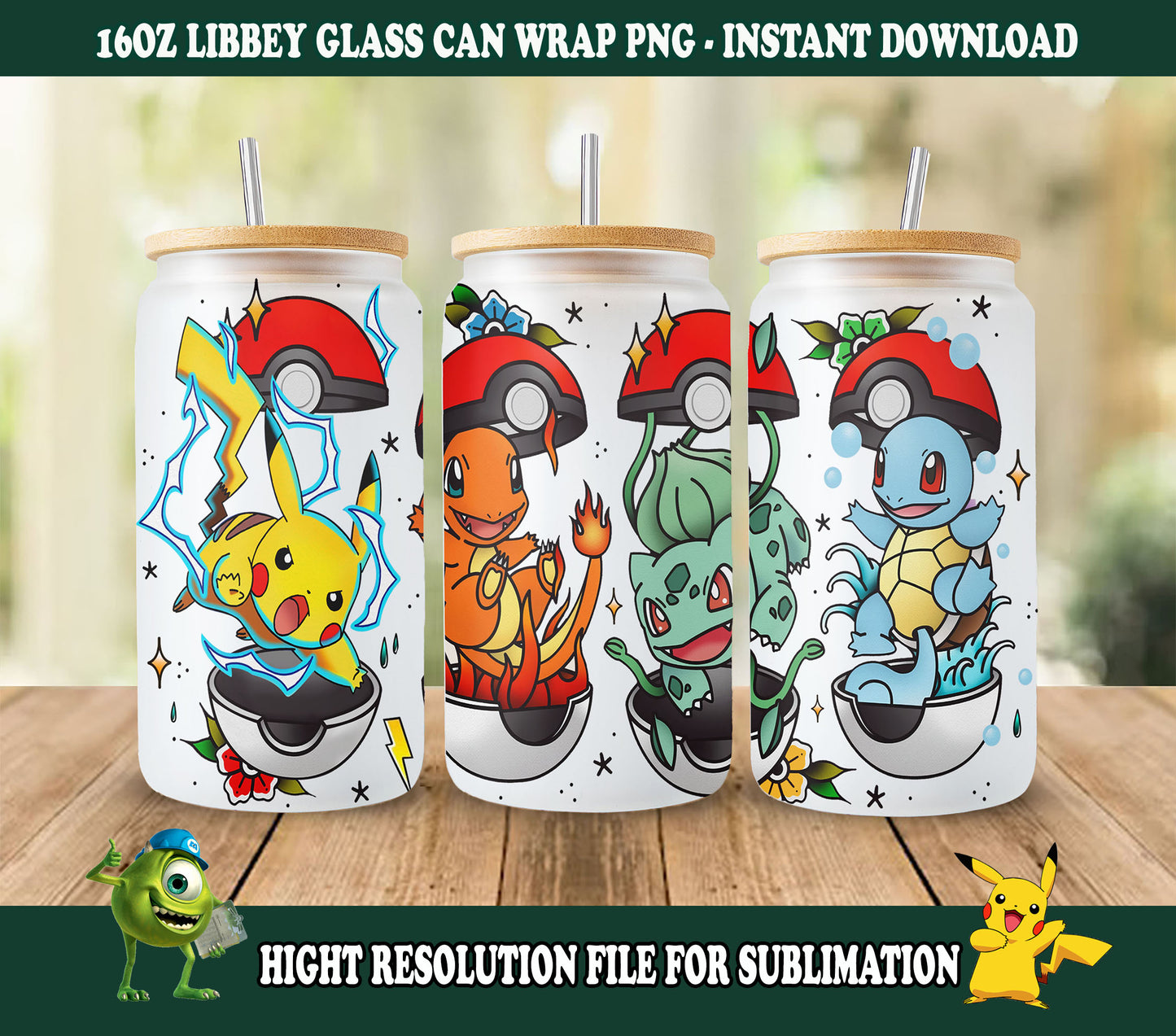 Poke Glass Dose Wrap 16oz Glasdose Png, Poke Tumbler, Pokemon Cartoon Libbey Dose Glas, 16oz PNG Digitaler Download, Dose Glas Wrap Png