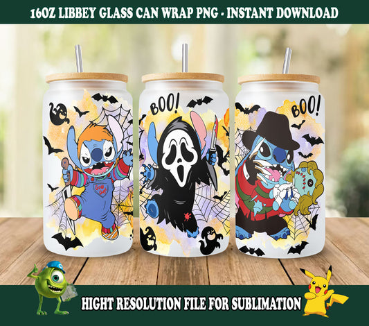 Stitch 16oz, Stitch Tumbler Wrap, Halloween Becher, 16oz Libbey Dose Glas, Horror Stitch Becher, Cartoon Becher, Full Tumbler Wrap