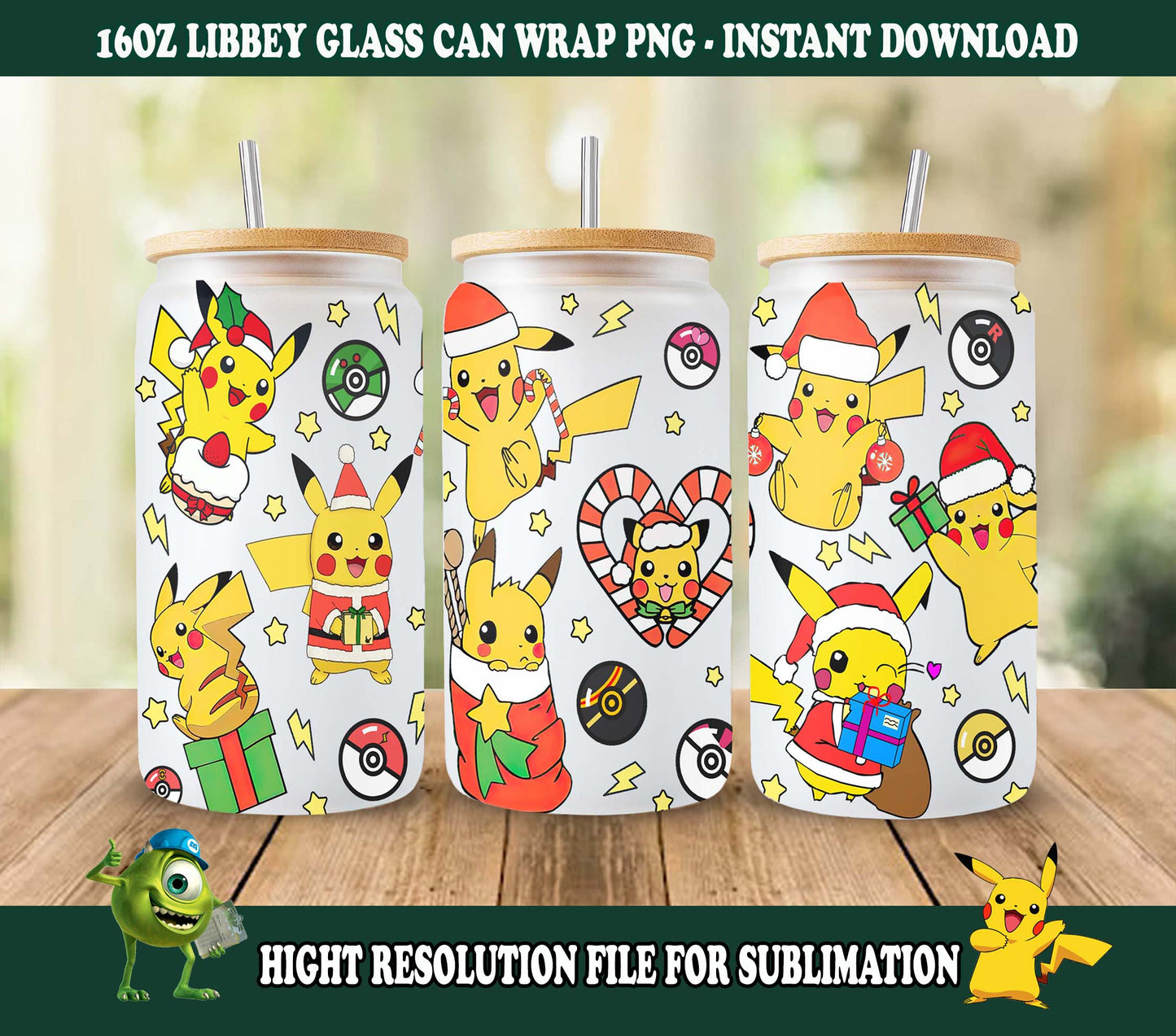 Cartoon Weihnachtsbecher PNG, 16oz Libbey Glasdose Wrap, Pika Anime Sublimation, Cartoon Wrap, Gotta Catch 'em All, Poke Can Wrap